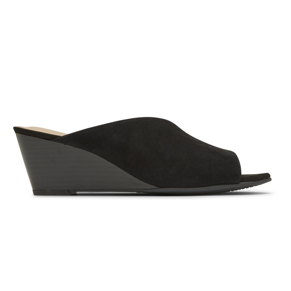 Rockport Women's Total Motion Taylor Asymmetrical Wedges Slides - Black - USA (0563NREDY)